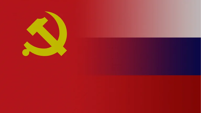 Image of the People's Republic of China Flag (overlaid over image of Russian Federation flag)